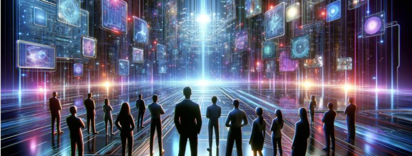 3D illustration of diverse professionals looking at futuristic glossy neon-lit cityscape in a high-tech environment